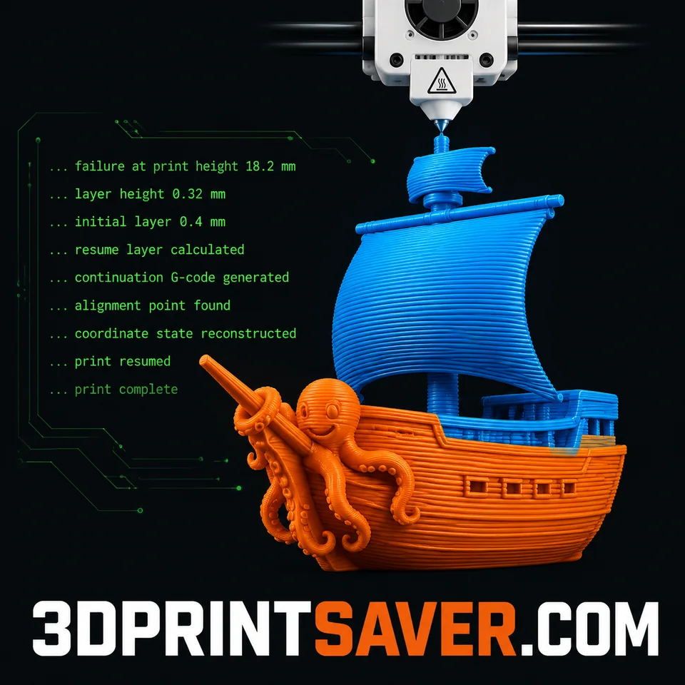 3DPrintSaver finishing a resumed orange-and-blue 3D-printed ship while recovery status lines show G-code reconstruction and coordinate alignment.
