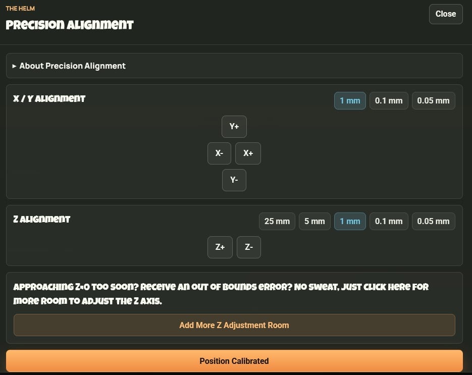 Precision Alignment controls for X/Y and Z moves, adjustment room, and Position Calibrated.